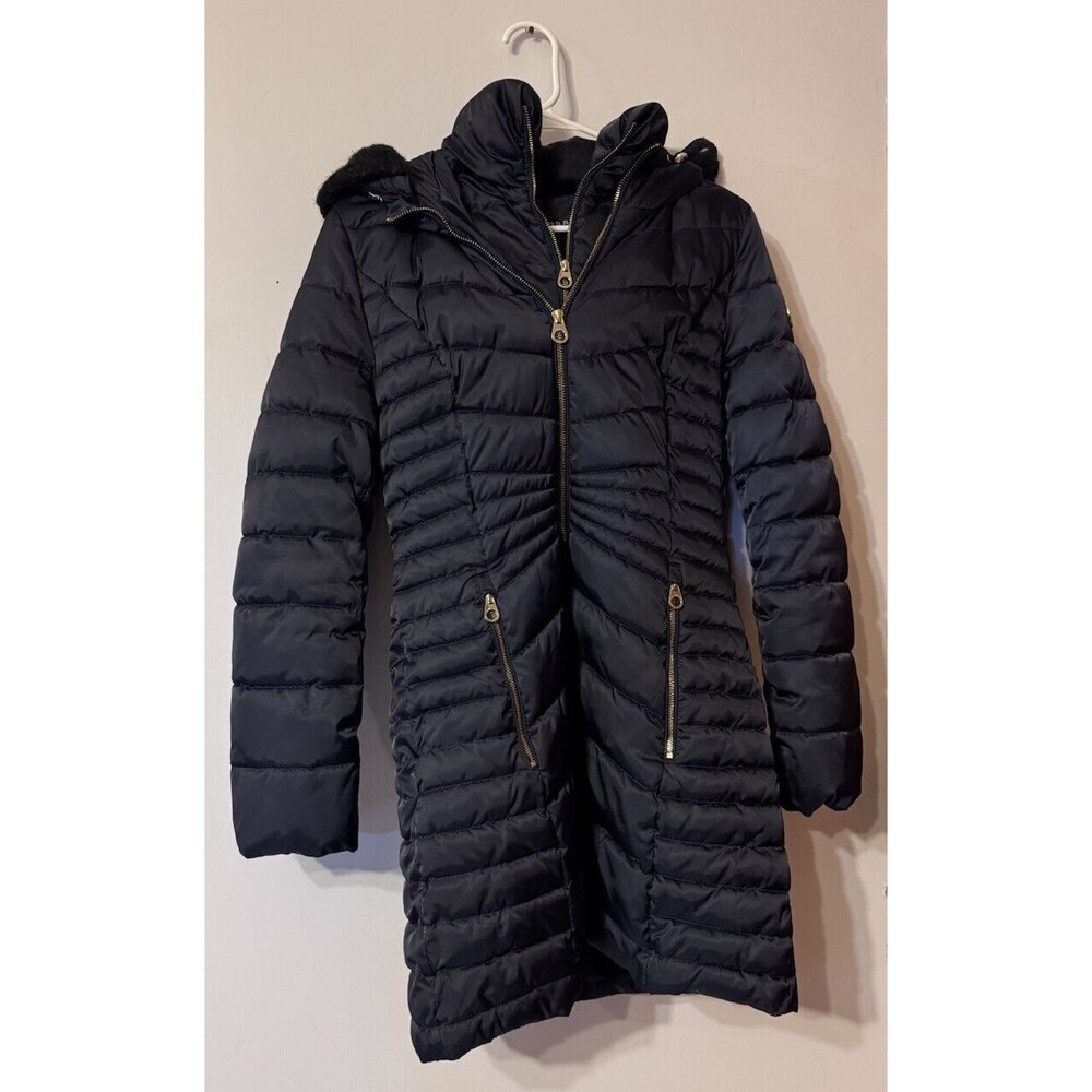 Laundry Shelli Segal Women's Quilted Faux Fur Trim Mid Length Puffer Coat Small
